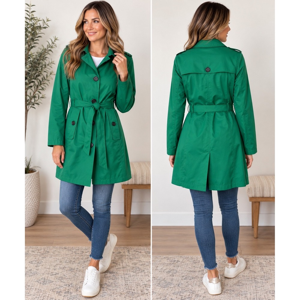 Lands' End Women's Emerald Green Belted Trench Rain Coat Jacket Medium 10-12